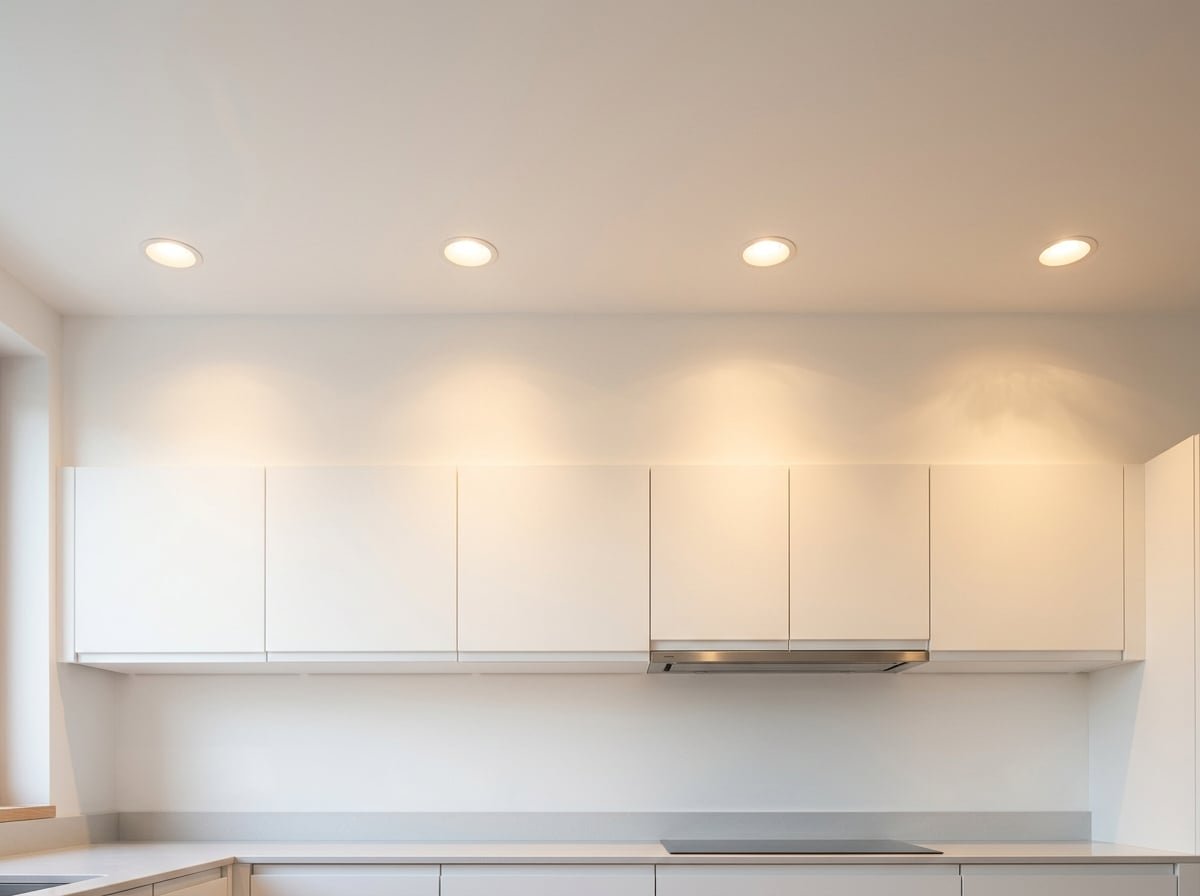 Spots encastrés au plafond d'une cuisine moderne : éclairage général warm white 3000K
