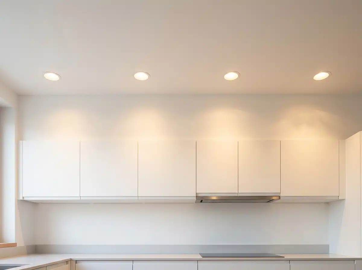 Spots encastrés au plafond d'une cuisine moderne : éclairage général warm white 3000K