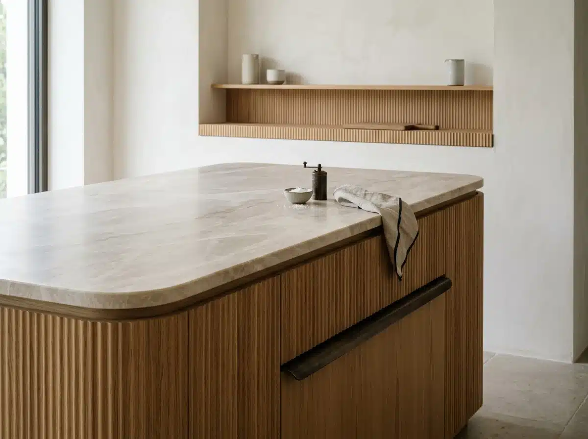 Détail d'un îlot de cuisine en bois naturel cannelé, plan en marbre beige clair adouci et accents en métal noir