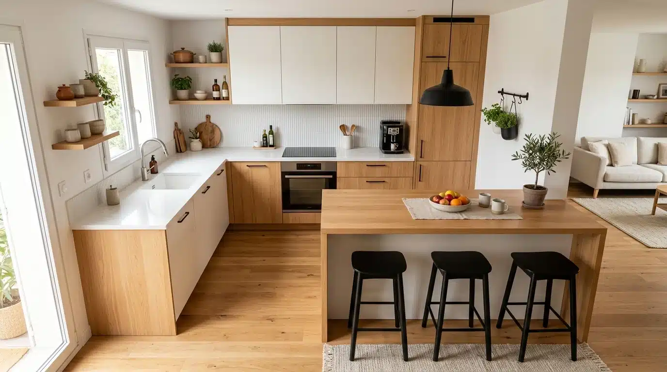 Cuisine en U avec coin repas — péninsule et tabourets