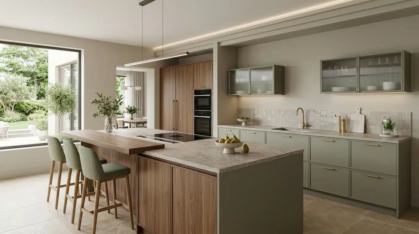 Cuisine contemporaine 2026 avec îlot multifonction, teintes vert sauge et greige, façades en bois naturel et pierre texturée