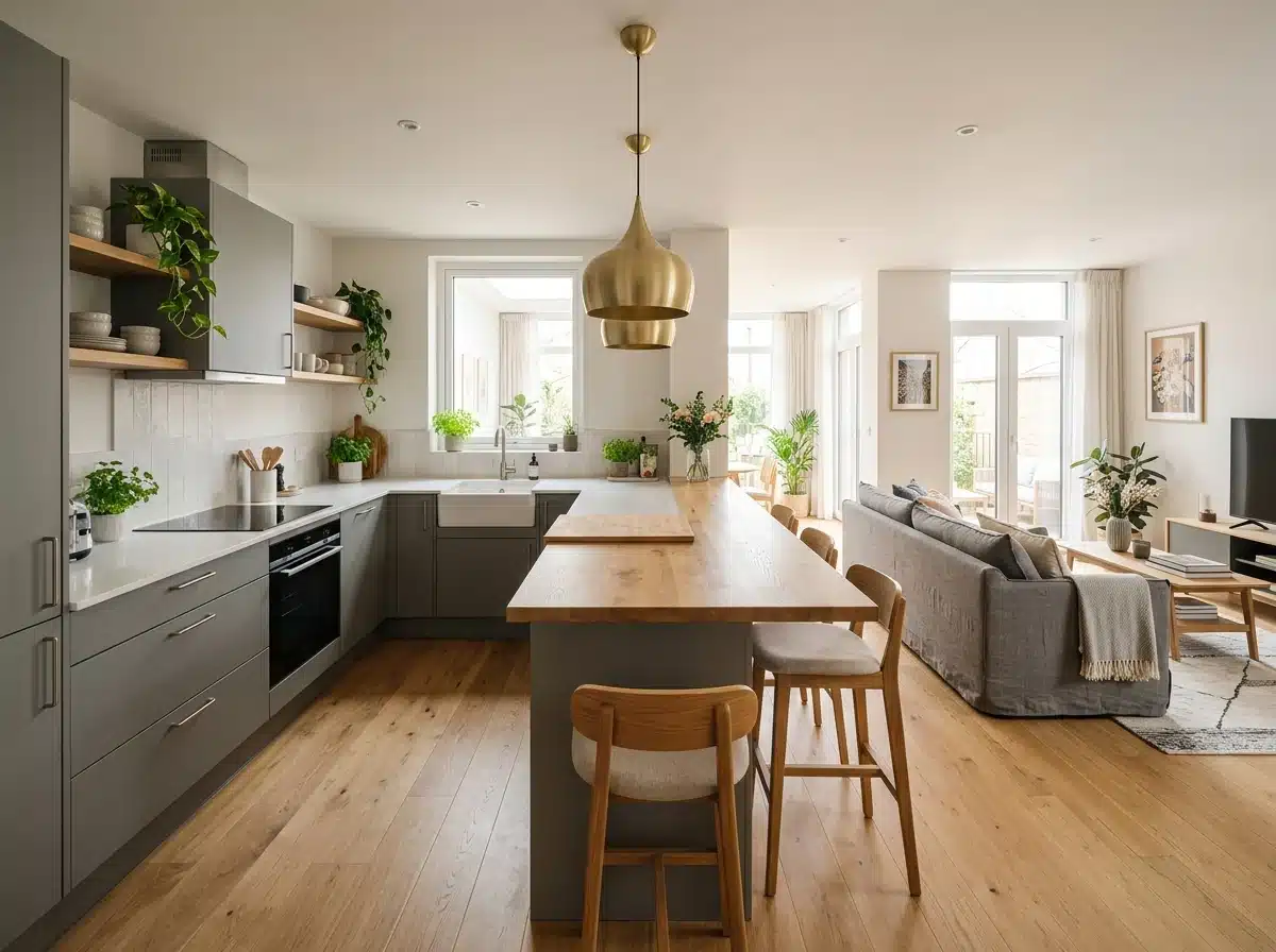 Cuisine en U ouverte sur salon — péninsule bois, suspensions dorées