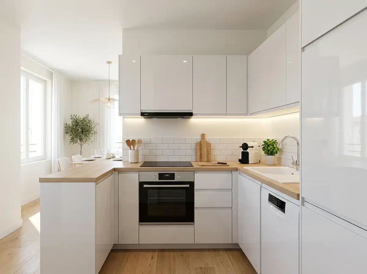 Petite cuisine en U compacte — façades blanc brillant, LED sous-meuble
