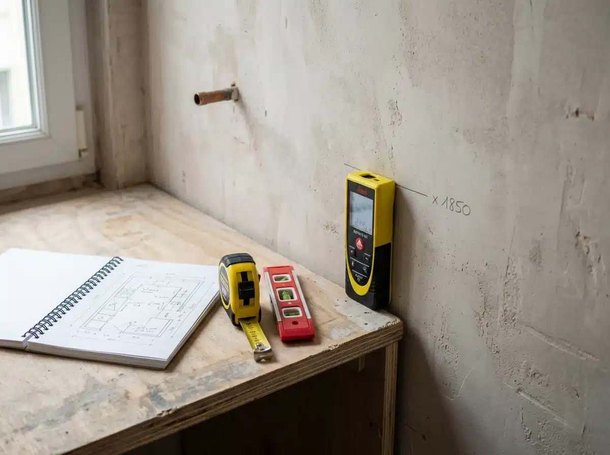 Telemetre laser jaune pose contre un mur de cuisine en cours de renovation, a cote d'un carnet de croquis et d'un niveau a bulle