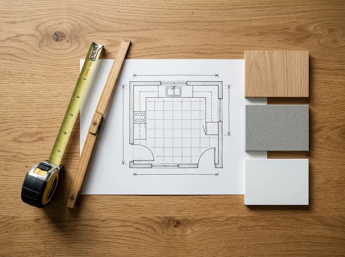 Plan de cuisine dessine a la main, metre ruban deroule, reglet pliant et echantillons de bois et de pierre sur une table en chene