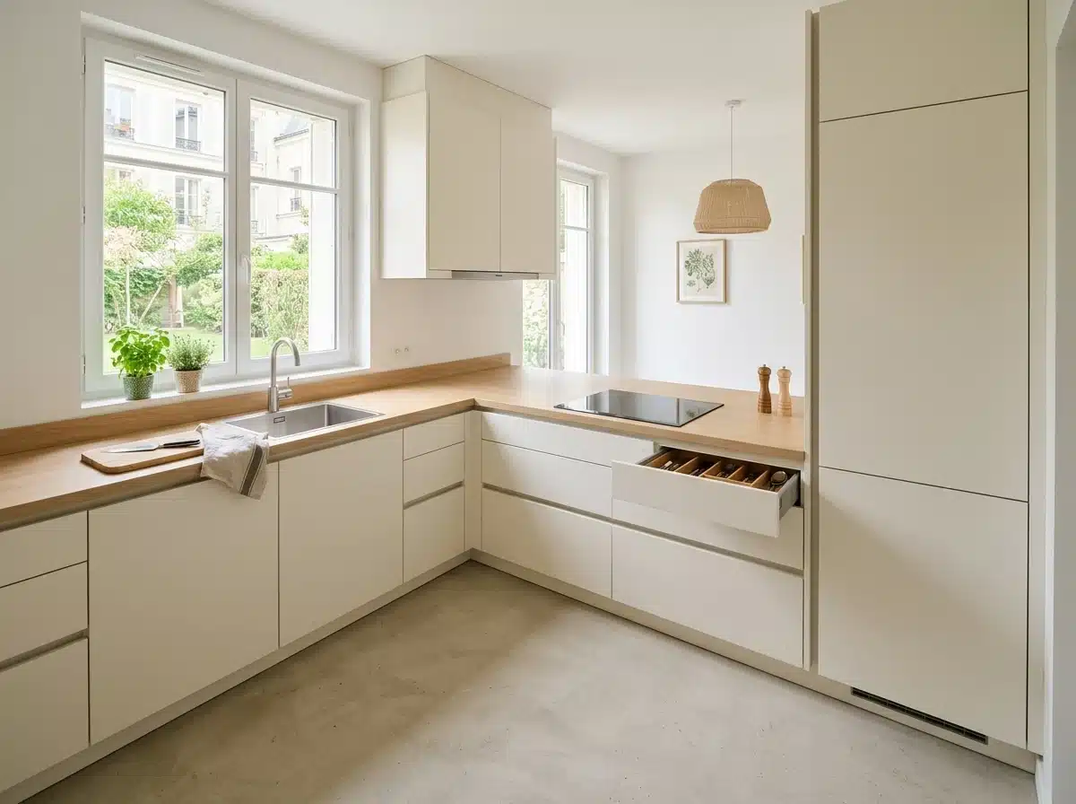 Cuisine contemporaine en L avec evier sous fenetre, plaque et refrigerateur formant un triangle d'activite degage