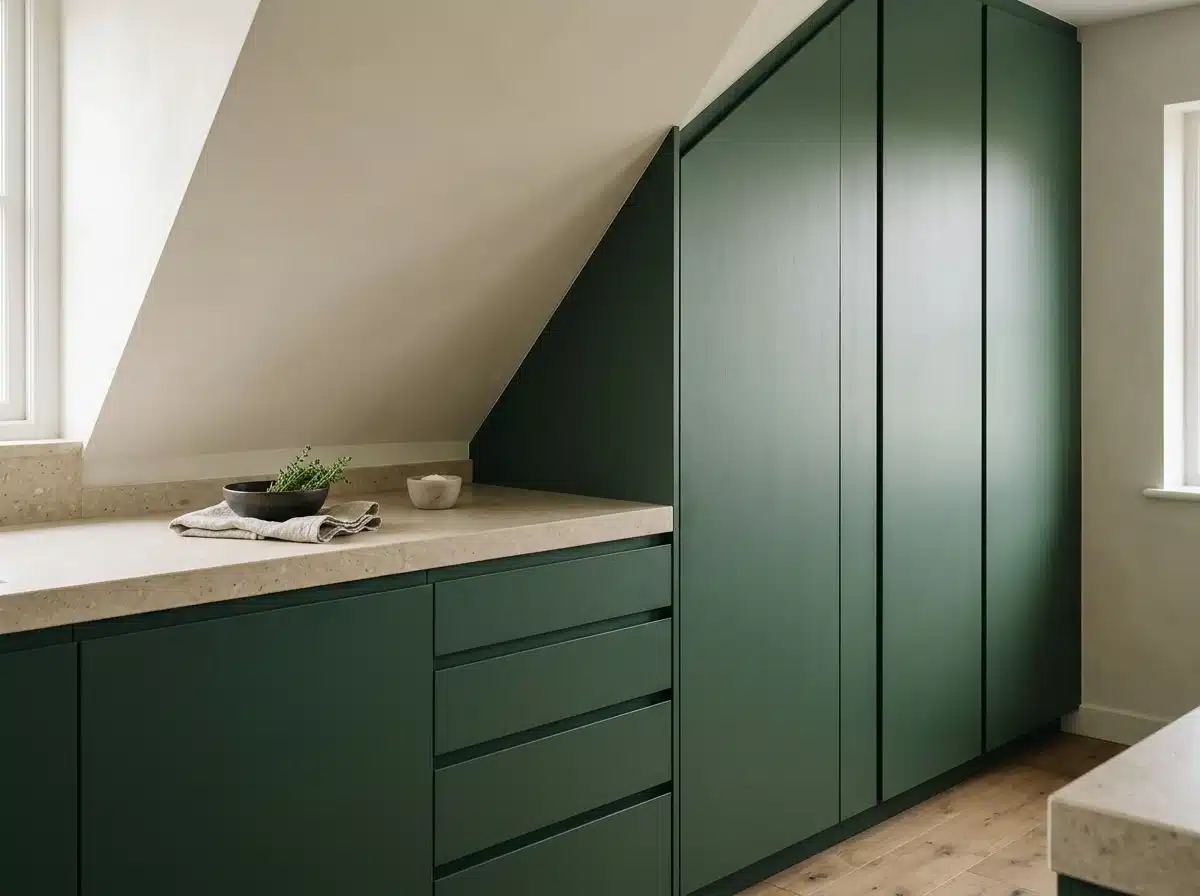 Meubles de cuisine sur mesure ajustes dans un angle de mur, colonnes toute hauteur epousant un plafond mansarde sans espace perdu