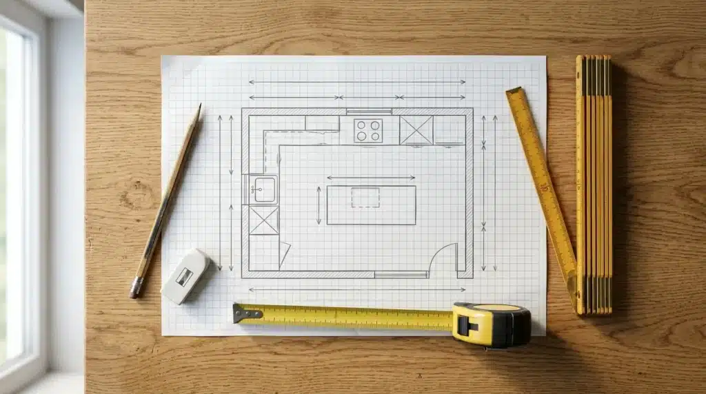 Plan de cuisine dessiné à la main sur papier quadrillé, crayon, mètre ruban et réglet pliant posés sur une table en chêne