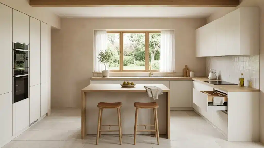Cuisine contemporaine claire agencée en L, façades mates blanc cassé et plan de travail en chêne, baignée de lumière naturelle